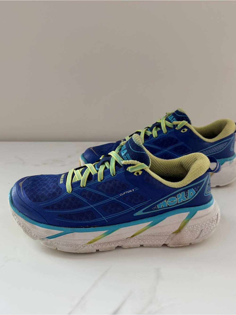 HOKA Clifton 2 Women’s Size 7.5 Lace-Up Low Top Running Shoes Blue/Green/White
